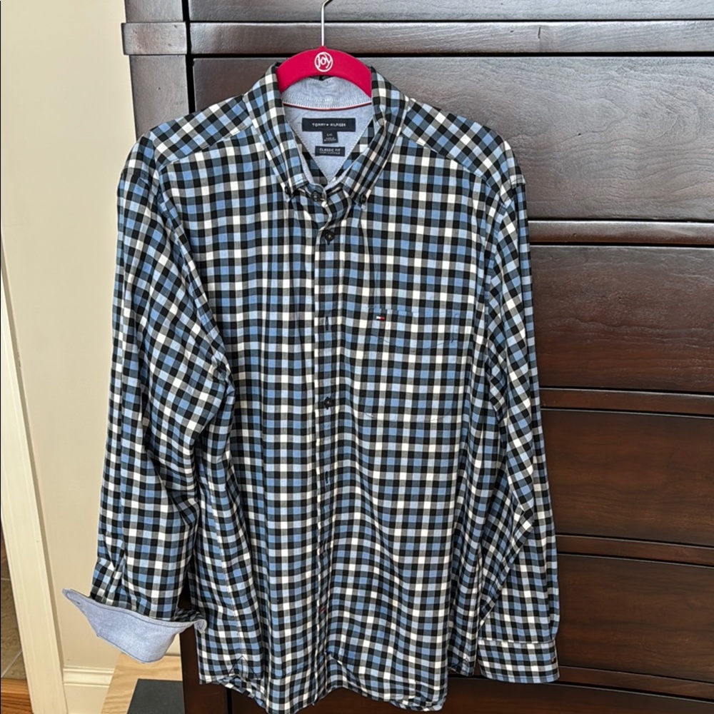 Tommy Hilfiger Men's Blue Black and White Checkered Shirt